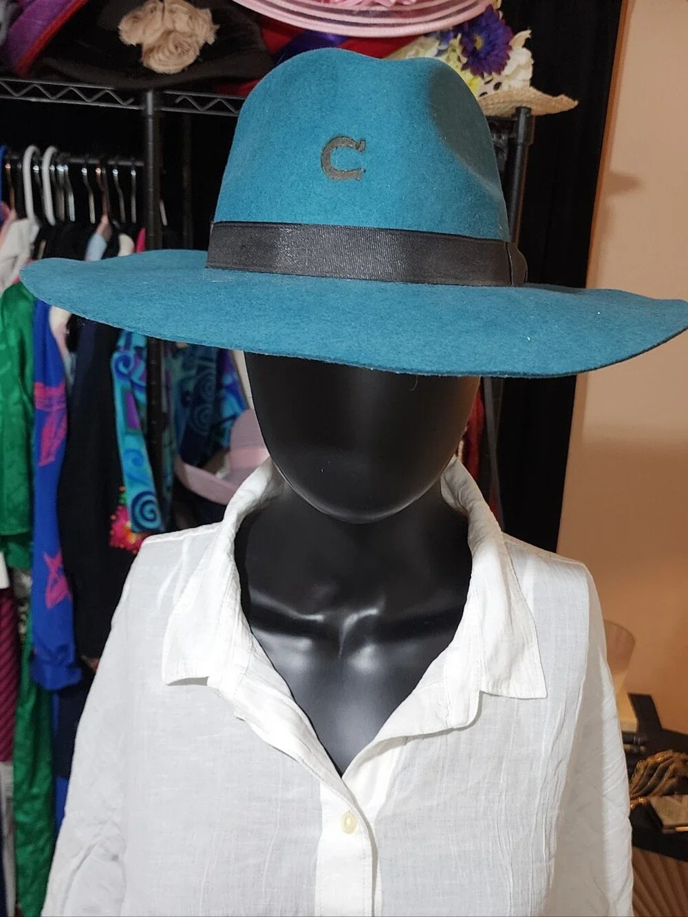 Teal Felt Wide-Brim Hat with Black Band